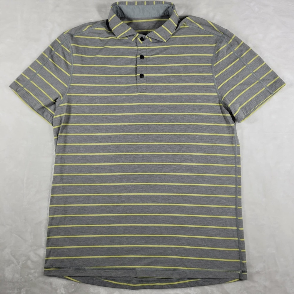 Lululemon‎ Evolution Polo Shirt Men's XL Gray Yellow Striped Performance Golf